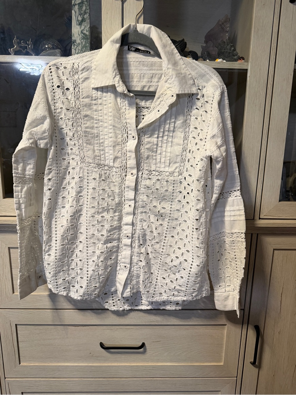 Zara White Eyelet Button-Down Shirt